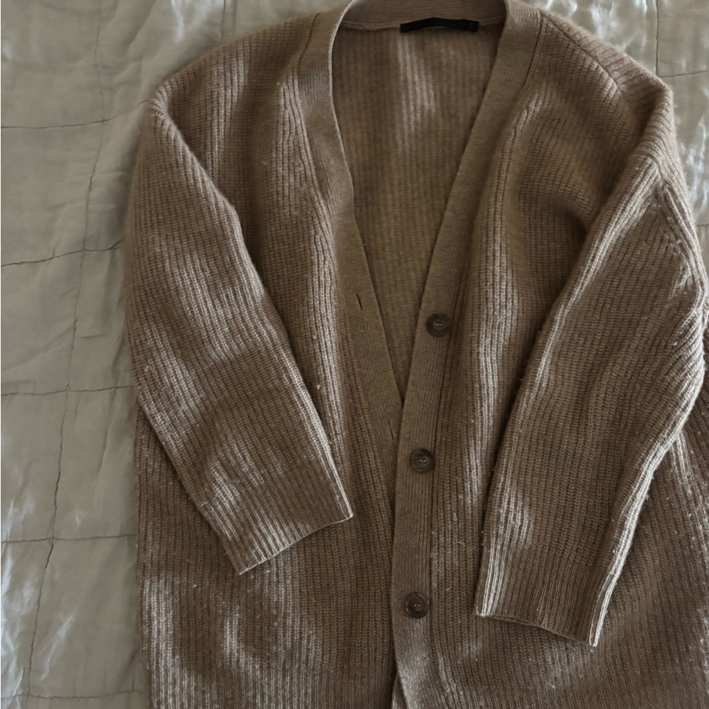 Jenni Kayne Tan Cardigan Sweater with Ribbed Knit